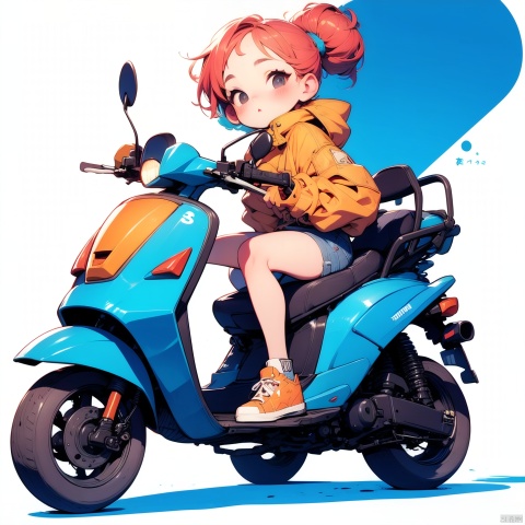 (Masterpiece), (best quality), Q Edition, 2.5 Head body, Girl, Scooter, solo, colored hair, orange Clear Jacket, Jeans, Simple background,