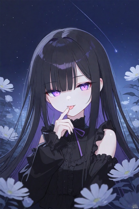  1girl, solo, 
Long hair, black hair, purple gradient hair, purple eyes, blunt bangs, hair over one eye, glowing eyes, 
gothic, lace_trim, long sleeves, frilled shirt, detached_sleeve,
upper body, (half-closed eyes), chibi, 
blurry_foreground, night, shooting stars,
looking at viewer, tongue out, fang, finger_to_mouth,
masterpiece,bestquality, [artist:AGM86997980],artist:ciloranko,artist:wlop,[artist:sho_(sho_lwlw)],artist:ask(askzy),[artist:yuriTizu],[artist:ciloranko],[[artist:sola_syu]],[artist:morikura_en],