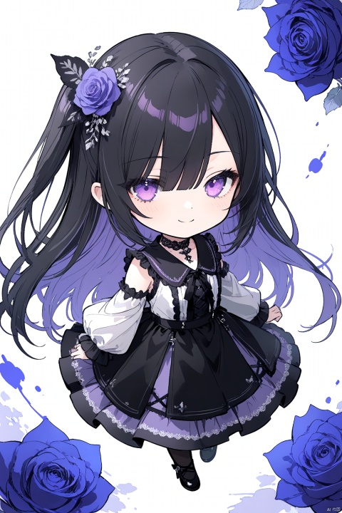  1girl, solo, 
Long hair, black hair, purple gradient hair, purple eyes, blunt bangs, hair over one eye, glowing eyes, 
gothic, lace_trim, long sleeves, frilled shirt, skirt, choker, detached_sleeve,
(half-closed eyes), chibi, 
looking at viewer, dutch angle, from above, smug, (curtsy), skirt lift,
white background, (sketch:1.2), ink splatter, purple rose, 
masterpiece,bestquality, [artist:AGM86997980],artist:ciloranko,artist:wlop,[artist:sho_(sho_lwlw)],artist:ask(askzy),[artist:yuriTizu],[artist:ciloranko],[[artist:sola_syu]],[artist:morikura_en], line art,line style
