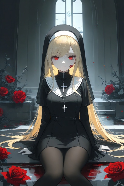 (broken glass), depth of field, 
1girl, solo, 
red eyes, blonde hair, long hair, swept bangs, medium breasts,
nun, short dress, black pantyhose, cross necklace,
smirk, half-closed eyes, shaded face, (close-up), cowboy shot, looking at viewer, sitting, 
white background, red stained glass, ruins, cross, blood_on_face, blood splatter, puddle, dim light, dark theme, thorns, vitex, rose,
masterpiece,bestquality, [artist:AGM86997980],artist:ciloranko,artist:wlop,[artist:sho_(sho_lwlw)],[artist:yuriTizu]