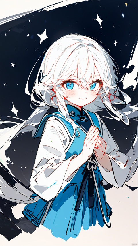  traditional media ,ink sketch, (flat color), (cropped background),
1girl, solo,
white hair, (long hair), hair between eyes, blue starry eyes, floating hair, wind,
light smile, light blush, cupping hands,
[china dress|school uniform], blue clothes, long sleeves, pleated dress, 
(upper body), 
east asian architecture,pond,lotus,zydink,