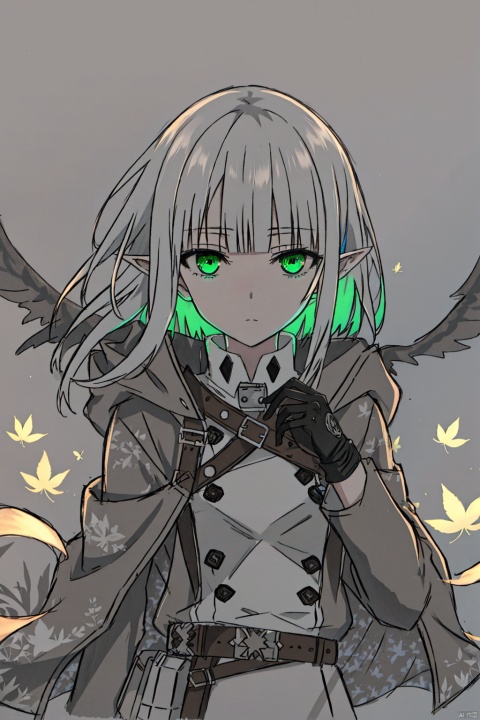  cropper torso, cropped background,
monochrome, ink sketch, traditional media, sketch,
elf, 1girl, solo,
green eyes, (white hair), long hair, (blunt bangs), pointy ears, floating hair, green gradient hair,
brown cloak, brown belt, pouch, white frilled shirt, brown gloves, long sleeves, leather,
upper body, chibi, expressionless, 
falling leaves, artsuijin