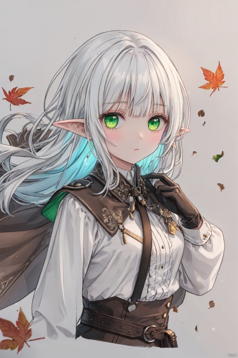  cropper torso, cropped background,
traditional media, sketch,
elf, 1girl, solo,
green eyes, (white hair), long hair, (blunt bangs), pointy ears, floating hair, green gradient hair,
brown cloak, brown belt, pouch, white frilled shirt, brown gloves, long sleeves, leather,
upper body, chibi, expressionless, hand raised, 
falling leaves, luminous