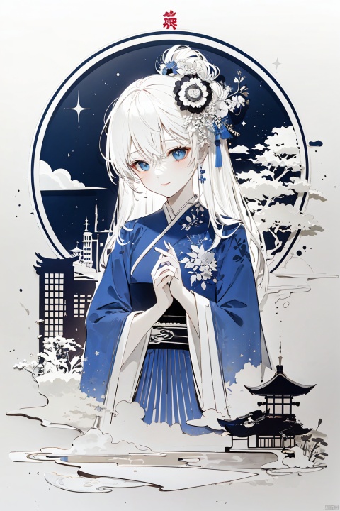 traditional media ,ink sketch, (flat color), (cropped background),
1girl, solo,
white hair, long hair, hair between eyes, blue starry eyes,
light smile, light blush, cupping hands,
[china dress|school uniform], blue clothes, long sleeves, pleated dress, 
upper body, 
east asian architecture, cityscape, night, lantern, firework, new year, zydink, monochrome,fdjz