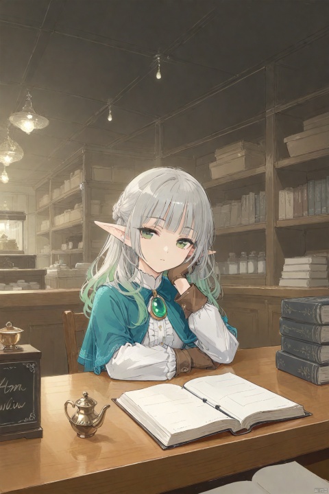  sketch, traditional_media,
1girl, solo, elf,
green eyes, silver hair, green gradient hair, long hair, blunt bangs,
cyan capelet, frilled shirt, long sleeves, green brooch, pouch, belt, brown gloves,
upper body, (chibi:0.4), (close-up), 
half-closed eyes, looking at viewer, expressionless, sitting, behind counter, head rest, arms on table,
depth of field, indoors, wooden table, shop, counter, account book, open book, shelf, market stall, oil lamp, quill,
masterpiece,bestquality, line art,[artist:AGM86997980],artist:ciloranko,artist:wlop,[artist:sho_(sho_lwlw)],artist:ask(askzy),[artist:yuriTizu],[artist:ciloranko],[[artist:sola_syu]],[artist:morikura_en],