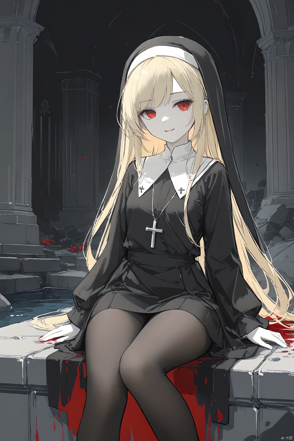  1girl, solo, 
red eyes, blonde hair, long hair, swept bangs,
nun, short dress, black pantyhose, cross necklace, thighs,
evil smile, half-closed eyes, shaded face, (close-up), cowboy shot, looking at viewer, sitting,
white background, red stained glass, ruins, broken glass, (sketch:1.2), cross, bloody stream, blood splatter, flat color, monochrome,
masterpiece,bestquality, [artist:AGM86997980],artist:ciloranko,artist:wlop,[artist:sho_(sho_lwlw)],artist:ask(askzy),[artist:yuriTizu],[artist:ciloranko],[[artist:sola_syu]],[artist:morikura_en], line art,line style