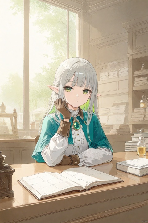 sketch, traditional_media, yellowing,
1girl, solo, elf,
green eyes, silver hair, green gradient hair, long hair, blunt bangs,
cyan capelet, frilled shirt, long sleeves, green brooch, pouch, belt, brown gloves,
upper body, (chibi:0.4), (close-up), 
half-closed eyes, looking at viewer, expressionless, sitting, behind counter, head rest, arms on table,
depth of field, indoors, wooden table, shop, counter, account book, open book, shelf, market stall, oil lamp, quill,
masterpiece,bestquality, line art,[artist:AGM86997980],artist:ciloranko,artist:wlop,[artist:sho_(sho_lwlw)],artist:ask(askzy),[artist:yuriTizu],[artist:ciloranko],[[artist:sola_syu]],[artist:morikura_en], Ivan Shishkin
