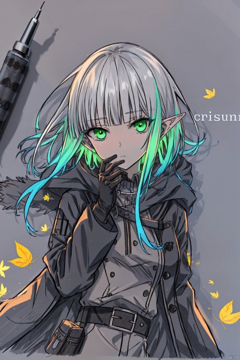 cropper torso, cropped background,
traditional media, sketch,
elf, 1girl, solo,
green eyes, (white hair), long hair, (blunt bangs), pointy ears, floating hair, green gradient hair,
brown cloak, brown belt, pouch, white frilled shirt, brown gloves, long sleeves, leather,
upper body, chibi, expressionless, hand raised, light frown,
falling leaves, artsuijin