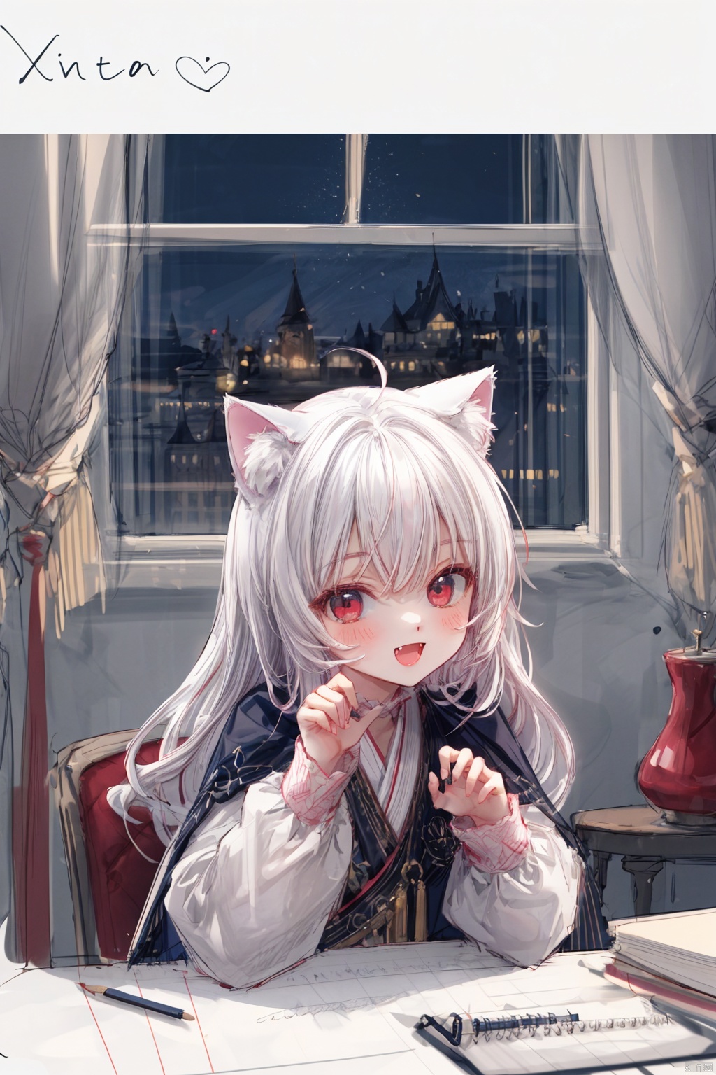  cropped background, cropped torso, (sketch:1.3), traditional media,
1girl, solo,
red eyes, (white hair), pink gradient hair, (long hair), floating hair, cat ears, hand raised, claw pose,
robe, capelet, long sleeves, pouch, jewelry,
chibi, (upper body), light smile, fang, open mouth,
Gothic architecture, workshop, table, indoors, window,