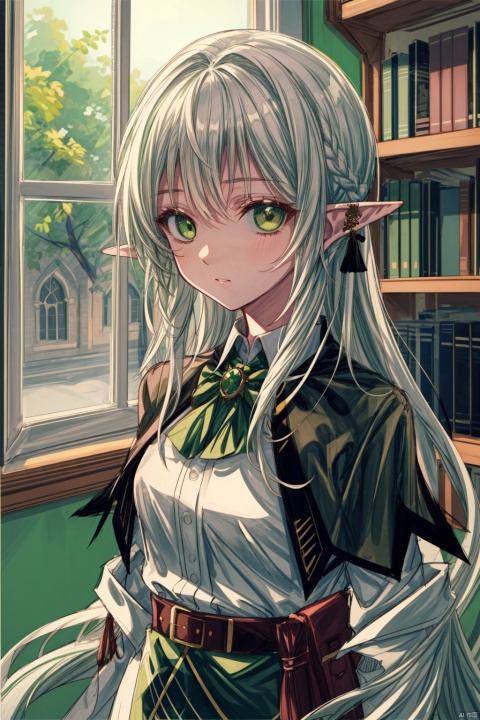  cropped background, cropped torso
traditional media, (sketch:1.1), 
1girl, solo, elf,
green eyes, (white hair), green gradient hair, (long hair), floating hair,
frilled shirt, brown capelet, long sleeves, pouch, belt, brooch,
chibi, (upper body), 
gothic architecture, library, bookcase, bookshelf, window, indoors, (depth of field)
