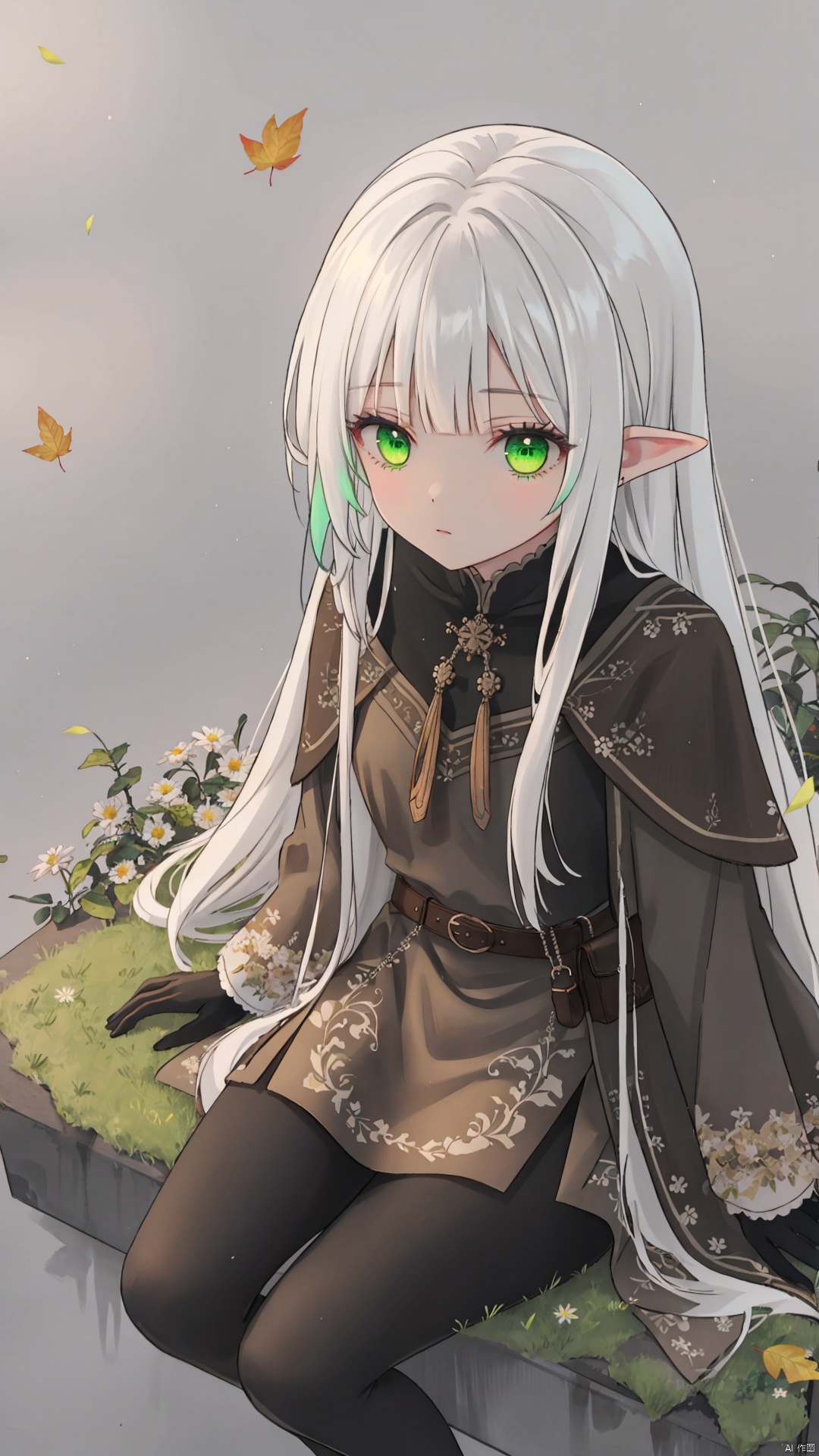 traditional media, sketch, 
elf, 1girl, solo,
green eyes, (white hair), long hair, (blunt bangs), pointy ears, floating hair, green gradient hair,
brown cloak, brown belt, pouch, white frilled shirt, brown gloves, long sleeves, leather, black leggings,
expressionless, looking up, 
sitting, (aster), lawn, meadow, (from above),
falling leaves, luminous, 
