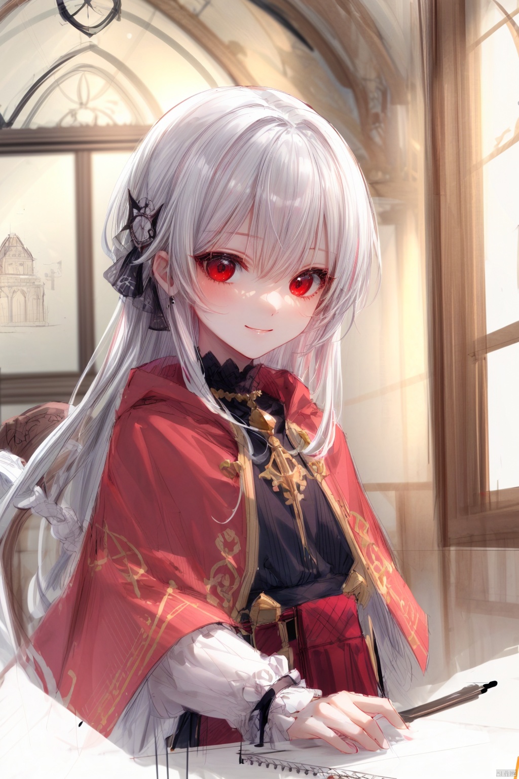  cropped background, cropped torso, (sketch:1.3),
1girl, solo,
red eyes, (white hair), pink gradient hair, (long hair), floating hair,
robe, capelet, long sleeves, pouch, jewelry,
chibi, (upper body), light smile,
gothic architecture, workshop, potion, indoors, window,
