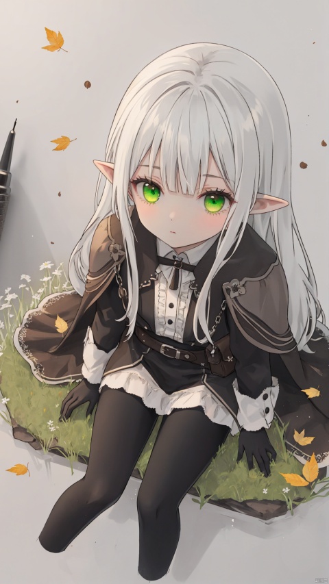 traditional media, sketch, cropped background, 
elf, 1girl, solo,
green eyes, (white hair), long hair, (blunt bangs), pointy ears, floating hair, green gradient hair,
brown cloak, brown belt, pouch, white frilled shirt, brown gloves, long sleeves, leather, black leggings,
expressionless, looking up, 
sitting, aster, lawn, meadow, (from above),
falling leaves, luminous, 