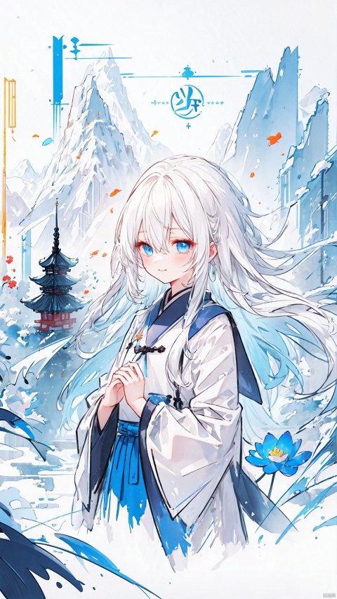  traditional media ,ink sketch, (flat color), (cropped background),
1girl, solo,
white hair, (long hair), hair between eyes, blue starry eyes, floating hair, wind,
light smile, light blush, cupping hands,
[china dress|school uniform], blue clothes, long sleeves, pleated dress, 
(upper body), 
east asian architecture,pond,lotus,mountainous horizon,zydink,