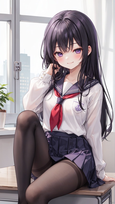  1girl, solo, 
Long hair, black hair, purple eyes, swept bangs, thighs, 
school uniform, black pantyhose,
sitting on desk,
chibi, half-closed eyes, blush, smug, smirk, 