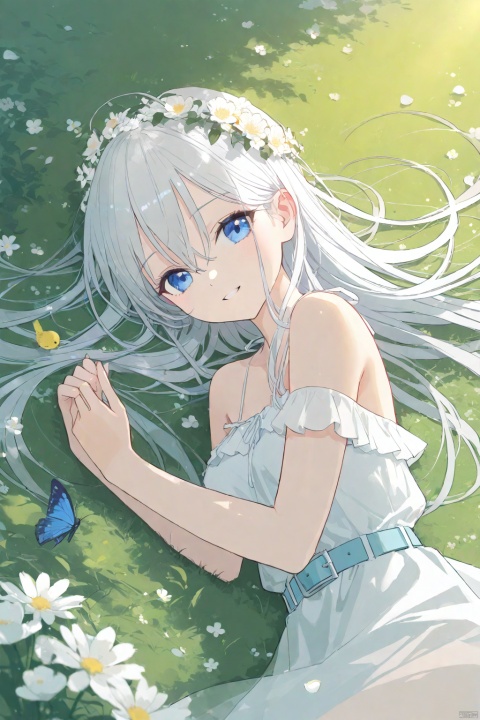  1girl, solo, 
blue eyes, white hair, (long hair), hair between eyes, medium breasts, 
sundress, belt, wearing a flower crown, 
smiling at viewer, close-up, 
bird's-eye view, (lying on side), curled up, 
in a garden, blooming flowers, butterflies, dappled sunlight, soft grass, scattered petals, trees, flowers, gentle breeze, vibrant colors, 
masterpiece,bestquality, [artist:AGM86997980],artist:ciloranko,artist:wlop,[artist:sho_(sho_lwlw)],artist:ask(askzy),[artist:yuriTizu],[artist:ciloranko],[[artist:sola_syu]],[artist:morikura_en],