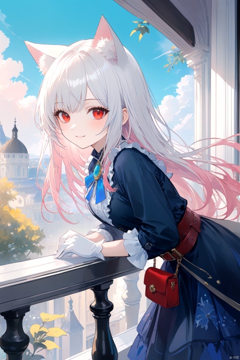 (masterpiece),(best quality),
1girl, solo, 
red eyes, cat ears, (white hair), pink gradient hair, (long hair), (swept bangs), 
frilled shirt, long sleeves, pouch, belt, cyan brooch, white gloves, 
light smile,
balcony, leaning forward, against object, alchemic magician, adventurequest worlds, cloudy sky, from side, side view, 
[artist:AGM86997980],artist:ciloranko,artist:wlop,[artist:sho_(sho_lwlw)],artist:ask(askzy),[artist:yuriTizu],[artist:ciloranko],[[artist:sola_syu]],[artist:morikura_en], onnk