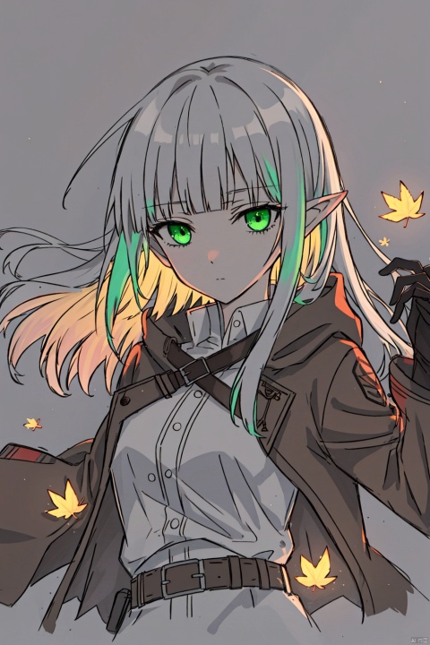  cropper torso, cropped background,
monochrome, ink sketch, traditional media, sketch,
elf, 1girl, solo,
green eyes, (white hair), long hair, (blunt bangs), pointy ears, floating hair, green gradient hair,
brown cloak, brown belt, pouch, white frilled shirt, brown gloves, long sleeves, leather,
upper body, chibi, expressionless, 
falling leaves, artsuijin