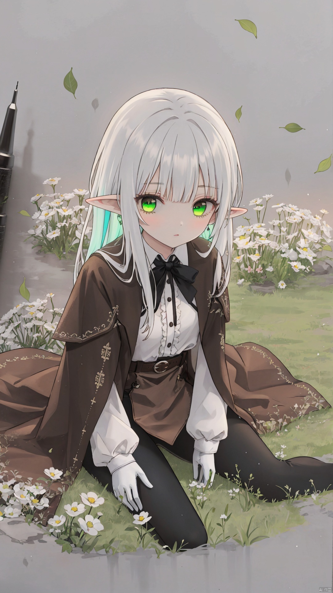  traditional media, sketch,
elf, 1girl, solo,
green eyes, (white hair), long hair, (blunt bangs), pointy ears, floating hair, green gradient hair,
brown cloak, brown belt, pouch, white frilled shirt, brown gloves, long sleeves, leather, black leggings,
chibi, expressionless, looking up, 
sitting, lawn, meadow, (from above:1.2),
falling leaves, luminous
