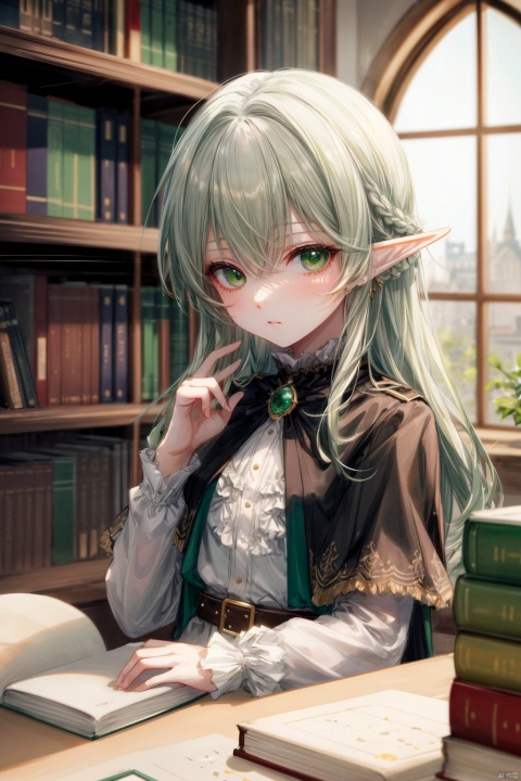  cropped background, cropped torso
traditional media, (sketch), 
1girl, solo, elf,
green eyes, (white hair), green gradient hair, (long hair), floating hair,
frilled shirt, brown capelet, long sleeves, pouch, belt, brooch,
chibi, (upper body), 
gothic architecture, library, bookcase, bookshelf, window, indoors, (depth of field)