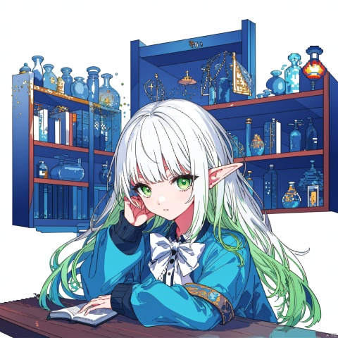 ((pixelart)), [(white background:1.4)::5]
elf, 1girl, solo, upper body, 
green eyes, (white hair), long hair, (blunt bangs), floating hair, green gradient hair,
frilled shirt, black bowtie, long sleeves,
table, sitting behind table, expressionless, 
indoors, wooden wall, open window, oil lamp, shelf, bookshelf, flask, bottles, open book, feather,
autumn, sunlight, ((pixelart)),