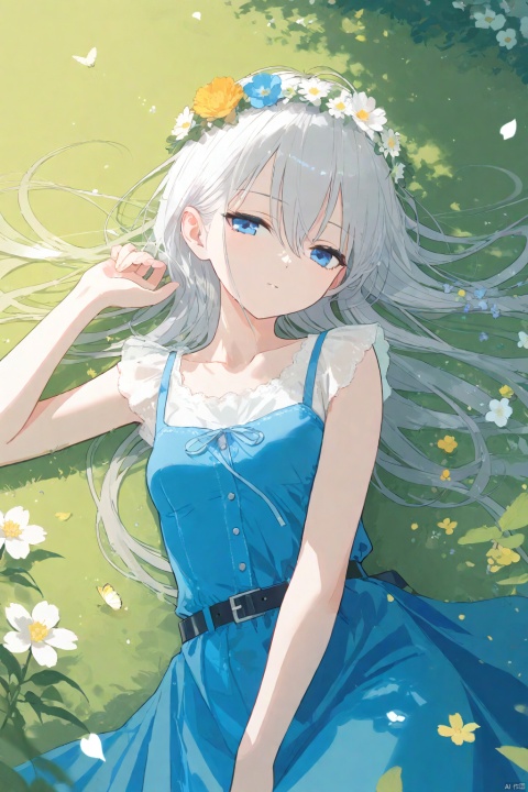  1girl, blue eyes, white hair, (long hair), hair between eyes, small breasts, blue sundress, belt, wearing a flower crown, expressionless, close-up, half-closed eyes, 
bird's-eye view, (lying on side), curled up, 
in a garden, blooming flowers, butterflies, dappled sunlight, soft grass, scattered petals, trees, flowers, gentle breeze, vibrant colors, 
masterpiece,bestquality, [artist:AGM86997980],artist:ciloranko,artist:wlop,[artist:sho_(sho_lwlw)],artist:ask(askzy),[artist:yuriTizu],[artist:ciloranko],[[artist:sola_syu]],[artist:morikura_en],