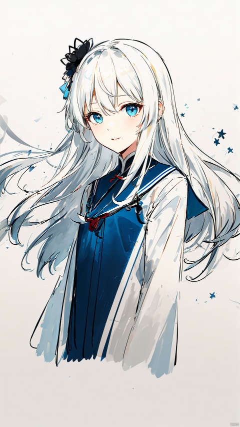  traditional media ,ink sketch, (flat color), (cropped background),
1girl, solo,
white hair, (long hair), hair between eyes, blue starry eyes, floating hair, wind,
light smile, light blush, cupping hands,
[china dress|school uniform], blue clothes, long sleeves, pleated dress, 
(upper body), 
east asian architecture,pond,lotus,zydink,