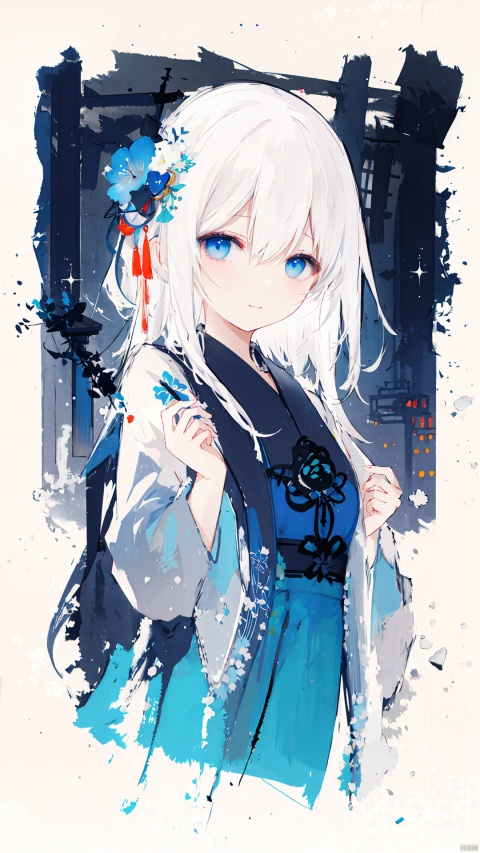  traditional media ,ink sketch, (flat color), (cropped background),
1girl, solo,
white hair, long hair, hair between eyes, blue starry eyes,
light smile, light blush, hands_raised,
[china dress|school uniform], blue clothes, long sleeves, pleated dress, 
upper body, 
east asian architecture, (cityscape), night, lantern, firework, new year, zydink,