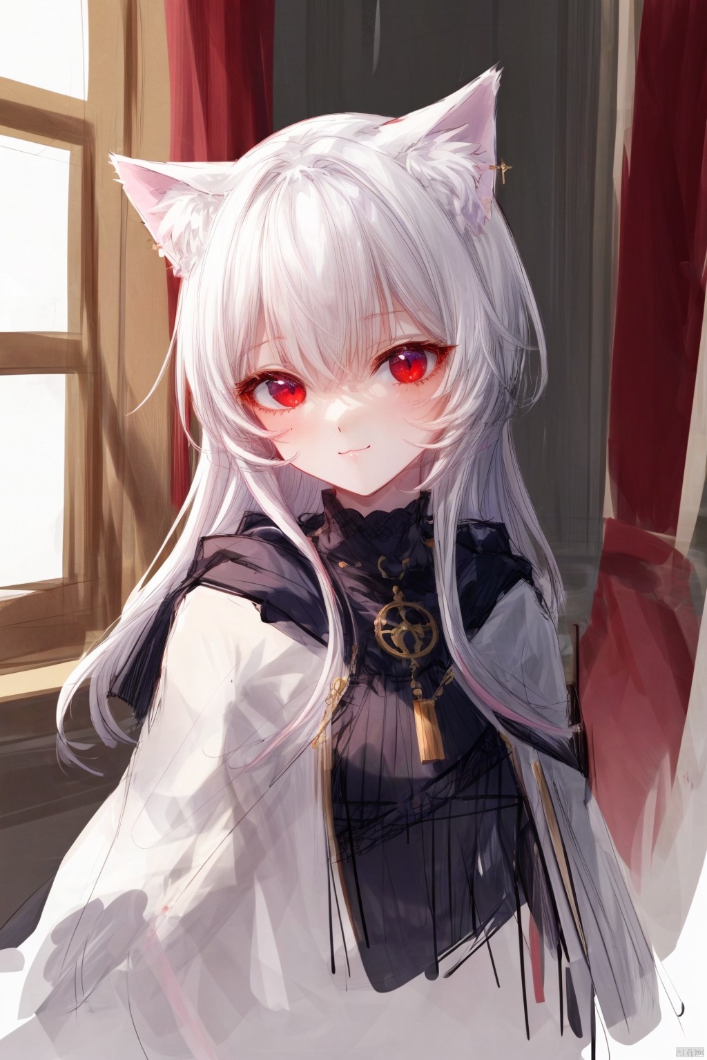  cropped background, cropped torso, (sketch:1.3),
1girl, solo,
red eyes, (white hair), pink gradient hair, (long hair), floating hair, cat ears, 
robe, capelet, long sleeves, pouch, jewelry,
chibi, (upper body), light smile, :3, 
gothic architecture, workshop, potion, indoors, window,