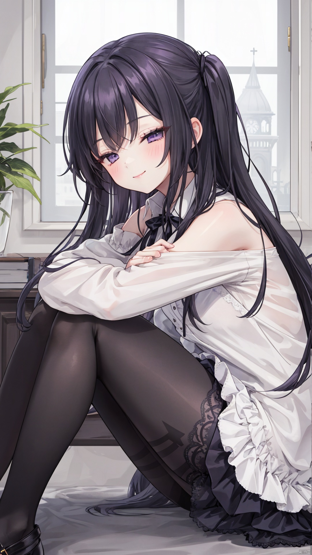 1girl, solo, 
Long hair, black hair, purple eyes, swept bangs, thighs,
gothic, lace_trim, black pantyhose, long sleeves, frilled shirt, detached_sleeve,
sitting, chibi, half-closed eyes, smug, smile, knees up, crossed arms, arms on knees, from side