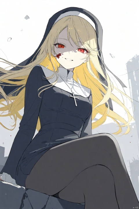 (flat color), monochrome,(lineart),
1girl, solo, 
red eyes, blonde hair, long hair, swept bangs, medium breasts,
nun, short dress, black pantyhose, cross necklace, thighs,
smirk, half-closed eyes, shaded face, (close-up), cowboy shot, looking at viewer, sitting, crossed legs,
white background, red stained glass, ruins, broken glass, cross, blood_on_face, blood splatter, 
masterpiece,bestquality, [artist:AGM86997980],artist:ciloranko,artist:wlop,[artist:sho_(sho_lwlw)],artist:ask(askzy),[artist:yuriTizu],[artist:ciloranko],[[artist:sola_syu]],[artist:morikura_en], , onnk