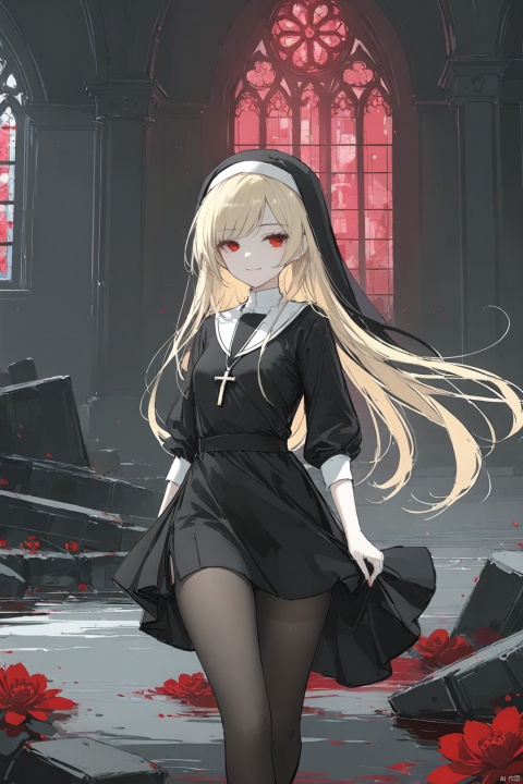  1girl, solo, 
red eyes, blonde hair, long hair, swept bangs,
nun, short dress, black pantyhose, cross necklace, thighs,
smirk, half-closed eyes, shaded face, close-up, cowboy shot, looking at viewer, 
white background, red stained glass, ruins, broken glass, (sketch:1.2), cross, bloody stream, blood splatter, flat color, monochrome,
masterpiece,bestquality, [artist:AGM86997980],artist:ciloranko,artist:wlop,[artist:sho_(sho_lwlw)],artist:ask(askzy),[artist:yuriTizu],[artist:ciloranko],[[artist:sola_syu]],[artist:morikura_en], line art,line style