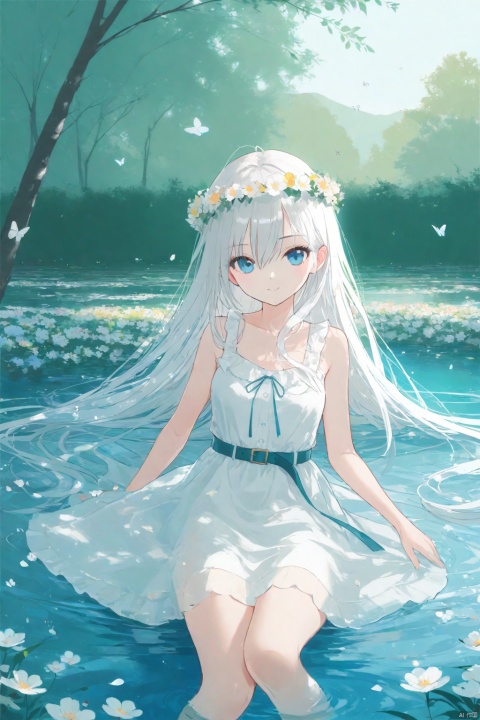  1girl, solo, 
blue eyes, white hair, (long hair), hair between eyes, medium chest, 
sundress, belt, wearing a flower crown, 
smiling at viewer, close-up, side view,
sitting by lake, lake, legs in water,
in a garden, blooming flowers, butterflies, dappled sunlight, soft grass, scattered petals, trees, flowers, gentle breeze, vibrant colors, 
masterpiece,bestquality, [artist:AGM86997980],artist:ciloranko,artist:wlop,[artist:sho_(sho_lwlw)],artist:ask(askzy),[artist:yuriTizu],[artist:ciloranko],[[artist:sola_syu]],[artist:morikura_en],