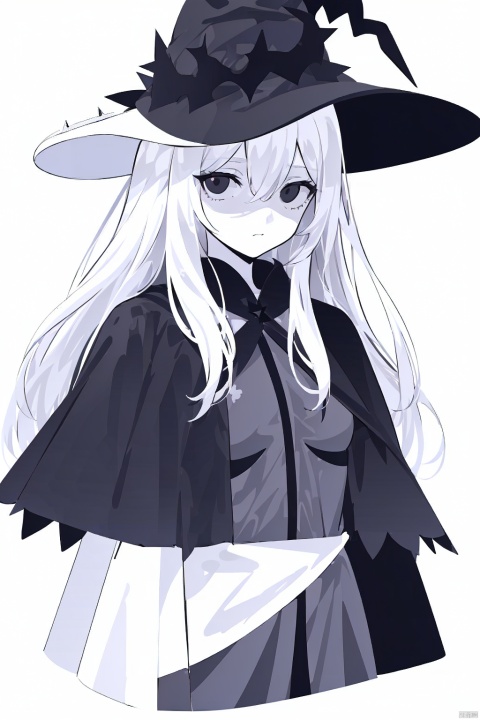  [(white background:1.4)::4], solo, round image, (monochrome:1.2), limited palette, (flat color:1.3), sketch, 
solo, 1girl, 
robe, capelet, witch hat, 
long hair, gray hair, black eyes, hair between eyes, 
medium breasts,
upper body, 
looking at viewer, expressionless, (fatigues),
white background,fantasy, thorns,鏃�