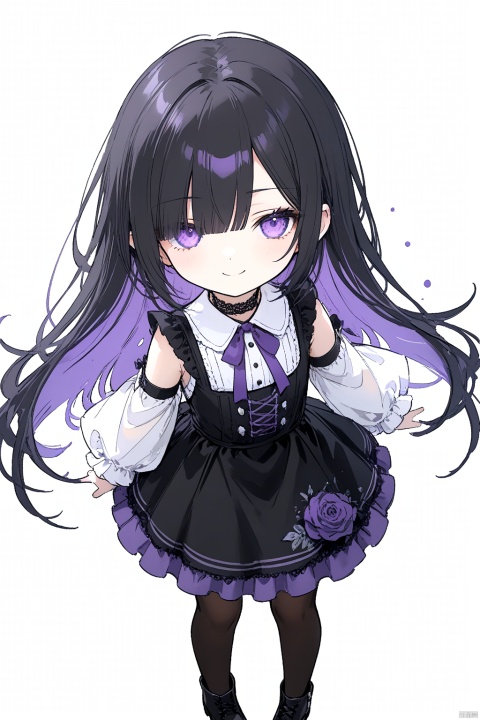  1girl, solo, 
Long hair, black hair, purple gradient hair, purple eyes, blunt bangs, hair over one eye, glowing eyes, 
gothic, lace_trim, long sleeves, frilled shirt, skirt, choker, detached_sleeve,
(half-closed eyes), chibi, 
looking at viewer, dutch angle, from above, smug, (curtsy), skirt lift,
white background, (sketch:1.2), ink splatter, purple rose, 
masterpiece,bestquality, [artist:AGM86997980],artist:ciloranko,artist:wlop,[artist:sho_(sho_lwlw)],artist:ask(askzy),[artist:yuriTizu],[artist:ciloranko],[[artist:sola_syu]],[artist:morikura_en], line art,line style