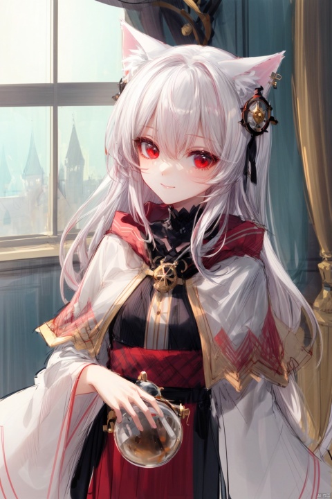  cropped background, cropped torso, (sketch:1.3), traditional media,
1girl, solo,
red eyes, (white hair), pink gradient hair, (long hair), floating hair, cat ears, 
robe, capelet, long sleeves, pouch, jewelry,
chibi, (upper body), light smile, 
gothic architecture, workshop, potion, indoors, window,
