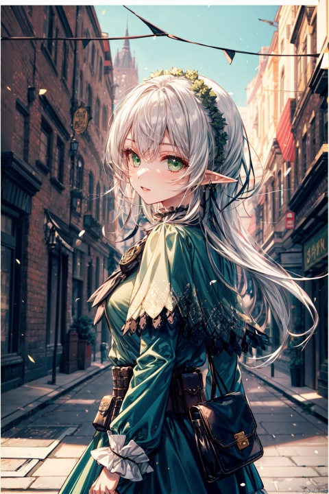 cropped background, (outside border), cropped torso,
1girl, solo, elf,
green eyes, (white hair), green gradient hair, (long hair), floating hair,
frilled shirt, capelet, long sleeves, pouch, belt, brooch,
chibi, upper body, walking, looking back, 
gothic architecture, street, pavement,
(depth of field),