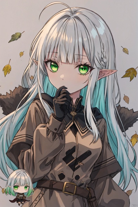  cropper torso, cropped background,
traditional media, sketch,
elf, 1girl, solo,
green eyes, (white hair), long hair, (blunt bangs), pointy ears, floating hair, green gradient hair,
brown cloak, brown belt, pouch, white frilled shirt, brown gloves, long sleeves, leather,
upper body, (chibi:1.3), expressionless, hand raised, 
falling leaves, luminous