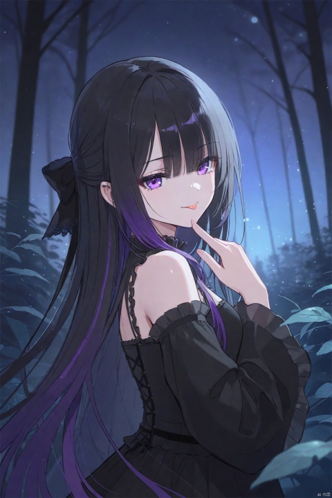  1girl, solo, 
Long hair, black hair, purple gradient hair, purple eyes, blunt bangs, hair over one eye, 
gothic, lace_trim, long sleeves, frilled shirt, detached_sleeve,
upper body, half-closed eyes, (smug), (chibi:0.3), 
blurry_foreground, night, forest,
from_side, looking at viewer, tongue out, fang,
masterpiece,bestquality, [artist:AGM86997980],artist:ciloranko,artist:wlop,[artist:sho_(sho_lwlw)],artist:ask(askzy),[artist:yuriTizu],[artist:ciloranko],[[artist:sola_syu]],[artist:morikura_en],