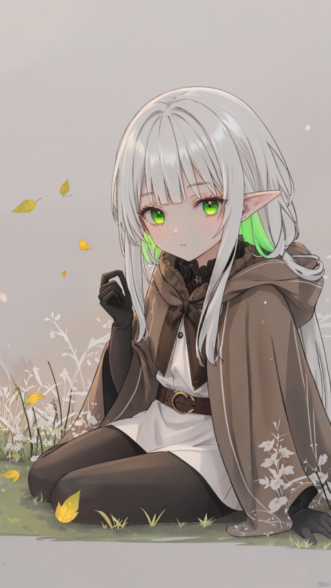  traditional media, sketch,
elf, 1girl, solo,
green eyes, (white hair), long hair, (blunt bangs), pointy ears, floating hair, green gradient hair,
brown cloak, brown belt, pouch, white frilled shirt, brown gloves, long sleeves, leather, black leggings,
chibi, expressionless, hand raised, 
sitting, lawn, meadow, from side,
falling leaves, luminous