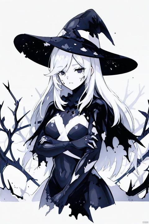  [(white background:1.4)::4], solo, round image, (traditional media:1.3), (monochrome:1.2), limited palette, (flat color:1.3), sketch, 
solo, 1girl, 
robe, capelet, witch hat, 
long hair, gray hair, black eyes, hair between eyes, 
medium breasts,
upper body, 
looking at viewer, expressionless, closed eyes, (fatigues),
white background, clock, (broken:1.5), fantasy, thorns,symbiote, symbiote