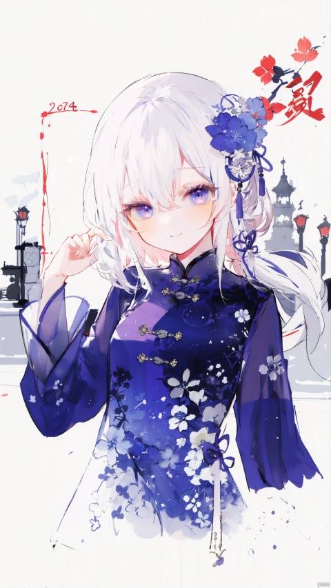  traditional media ,ink sketch, (flat color), (cropped background),
1girl, solo,
white hair, long hair, hair between eyes, blue starry eyes,
light smile, light blush, hands_raised,
[china dress], blue clothes, long sleeves, pleated dress, 
upper body, 
east asian architecture, cityscape, night, lantern, firework, new year, zydink, monochrome, shuimobysim