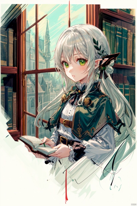  cropped background, cropped torso
traditional media, (sketch:1.2), 
1girl, solo, elf,
green eyes, (white hair), green gradient hair, (long hair), floating hair,
frilled shirt, brown capelet, long sleeves, pouch, belt, brooch,
chibi, (upper body), 
gothic architecture, library, bookcase, bookshelf, window, indoors, (depth of field)