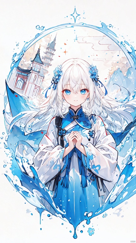  traditional media ,ink sketch, (flat color), (cropped background),
1girl, solo,
white hair, (long hair), hair between eyes, blue starry eyes, floating hair, wind,
light smile, light blush, cupping hands,
[china dress|school uniform], blue clothes, long sleeves, pleated dress, 
(upper body), 
east asian architecture,pond,lotus,mountainous horizon,zydink,
