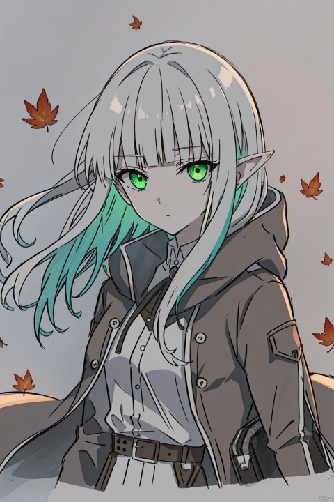  cropper torso, cropped background,
monochrome, ink sketch, traditional media, sketch,
elf, 1girl, solo,
green eyes, (white hair), long hair, (blunt bangs), pointy ears, floating hair, green gradient hair,
brown cloak, brown belt, pouch, white frilled shirt, brown gloves, long sleeves, leather,
upper body, chibi, expressionless, 
falling leaves, artsuijin