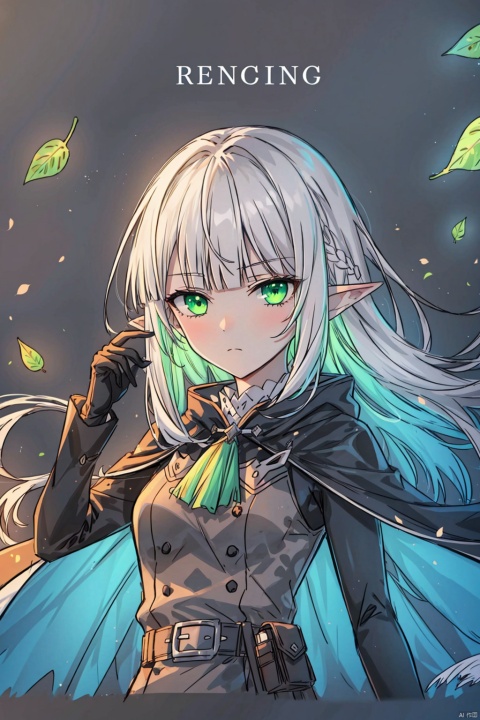  cropper torso, cropped background,
traditional media, sketch,
elf, 1girl, solo,
green eyes, (white hair), long hair, (blunt bangs), pointy ears, floating hair, green gradient hair,
brown cloak, brown belt, pouch, white frilled shirt, brown gloves, long sleeves, leather,
upper body, chibi, expressionless, hand raised, light frown,
falling leaves, artsuijin