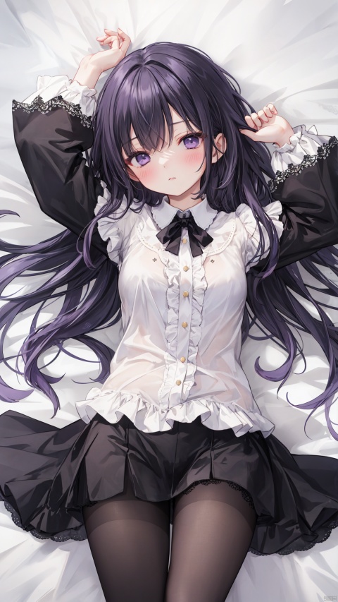  1girl, solo, 
Long hair, black hair, purple eyes, swept bangs, thighs,
gothic, lace_trim, black pantyhose, long sleeves, frilled shirt, detached_sleeve,
chibi, half-closed eyes, blush, emotionless,
lying, on back, arms_up, from above