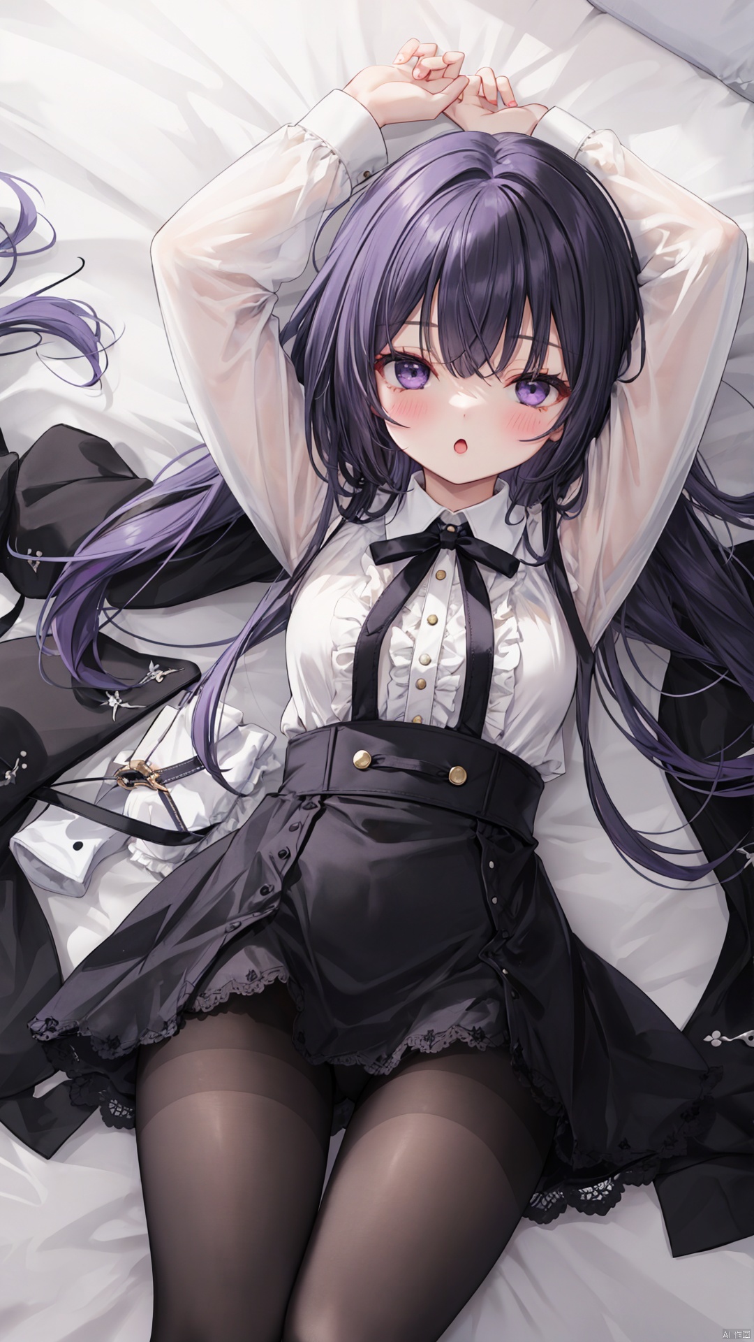  1girl, solo, 
Long hair, black hair, purple eyes, swept bangs, thighs,
gothic, lace_trim, black pantyhose, long sleeves, frilled shirt, detached_sleeve,
chibi, half-closed eyes, blush, :o,
lying, on back, arms_up, from above