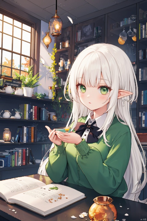  ((pixelart:1.3)), 
elf, 1girl, solo, upper body, 
green eyes, (white hair), long hair, (blunt bangs), floating hair, green gradient hair,
frilled shirt, black bowtie, long sleeves,
table, sitting behind table, expressionless, 
indoors, wooden wall, open window, oil lamp, shelf, bookshelf, flask, bottles, open book, feather,
autumn, sunlight,