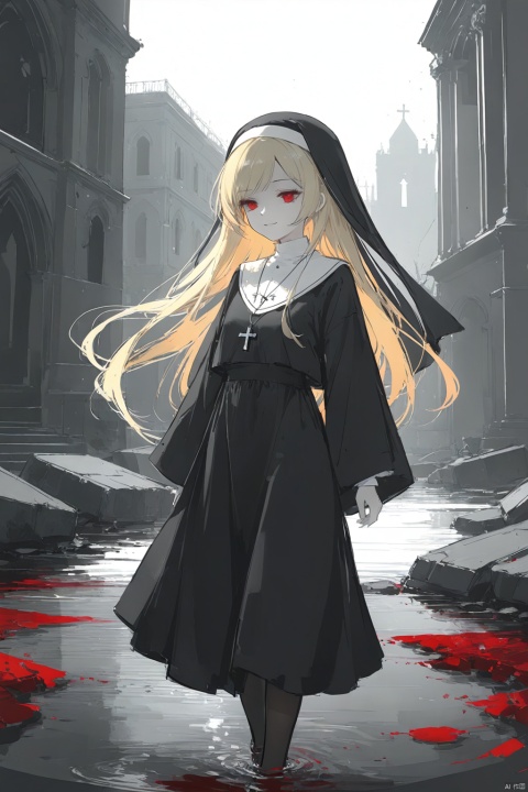  1girl, solo, 
red eyes, blonde hair, long hair, swept bangs,
nun, black pantyhose, cross necklace,
smirk, half-closed eyes, shaded face, close-up, cowboy shot, 
white background, red stained glass, ruins, puddle, broken glass, (sketch:1.2), (cropped background), cross, bloody stream, blood splatter, flat color, monochrome,
masterpiece,bestquality, [artist:AGM86997980],artist:ciloranko,artist:wlop,[artist:sho_(sho_lwlw)],artist:ask(askzy),[artist:yuriTizu],[artist:ciloranko],[[artist:sola_syu]],[artist:morikura_en], line art,line style